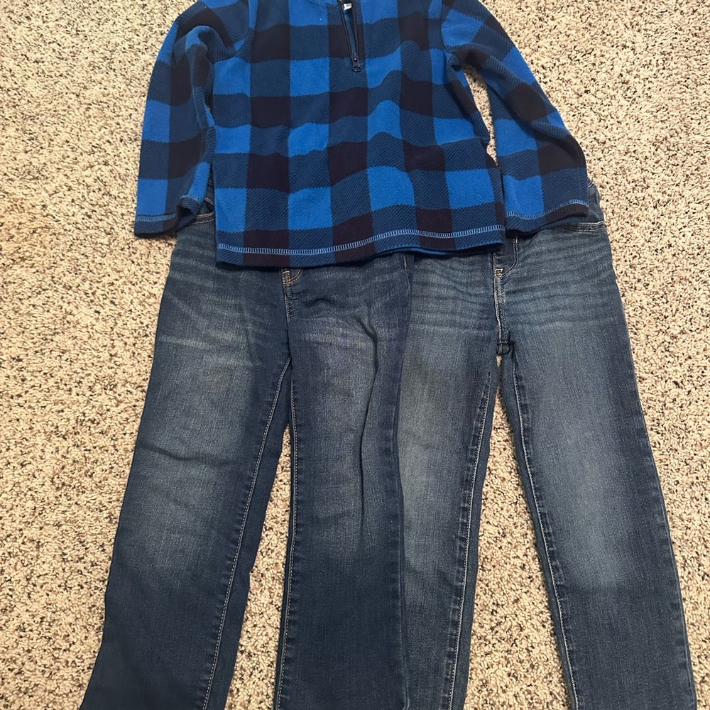 The Children's Place Blue Fleece pullover and 2 jeans all size 5